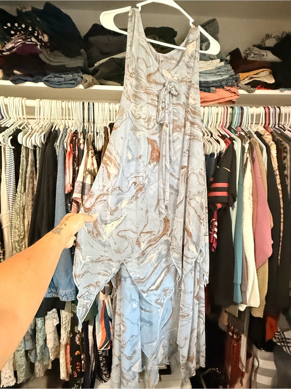 Light Blue Marble-Print Aleena mesh layering Dress